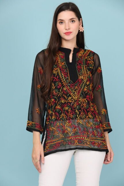Black Chikan Kari Short Kurti for Women – Lightweight Ethnic Wear
