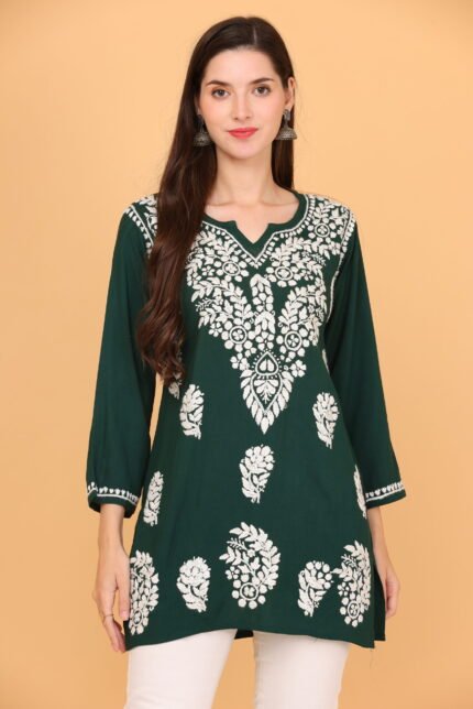 Dark Green Chikan Kari Short Kurti for Women – Lightweight Ethnic Wear